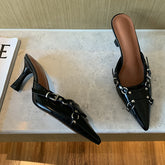 Pointed Toe Punk Rivet Buckle Mid Heeled Slides Oshnow